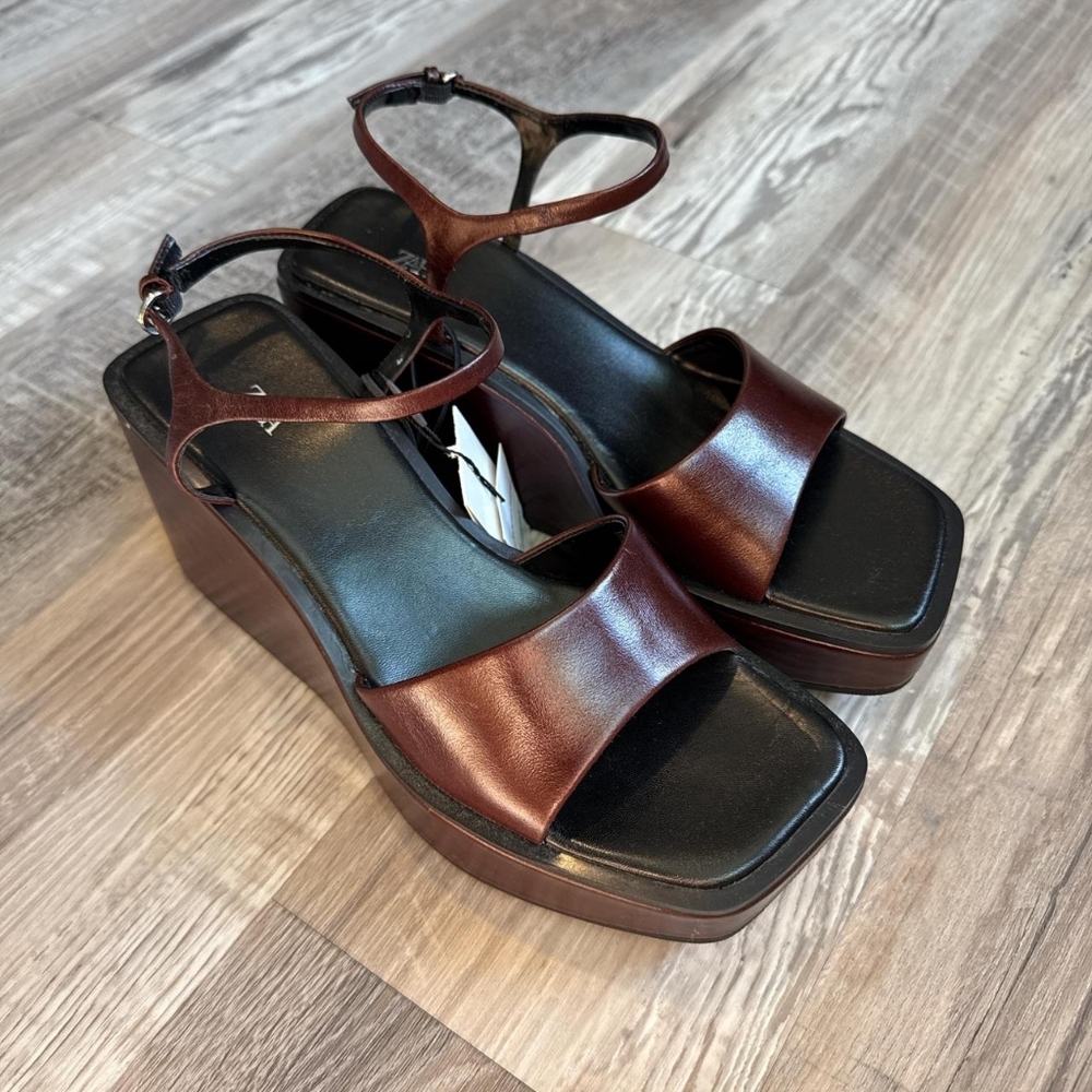 Zara Burgundy and Brown Leather Platform Wedge Sandals